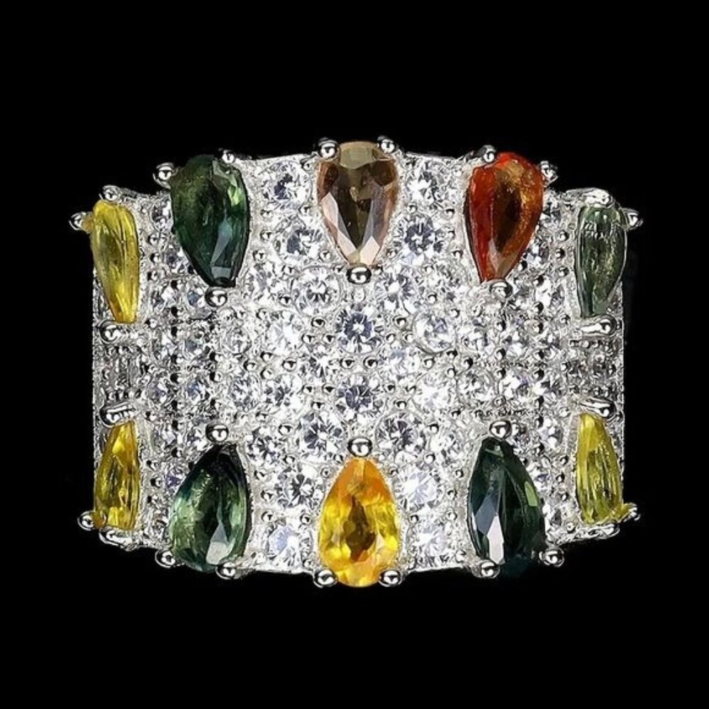 Natural Sapphire & Cz 925 Sterling Silver Ring Sz‎ 6.75